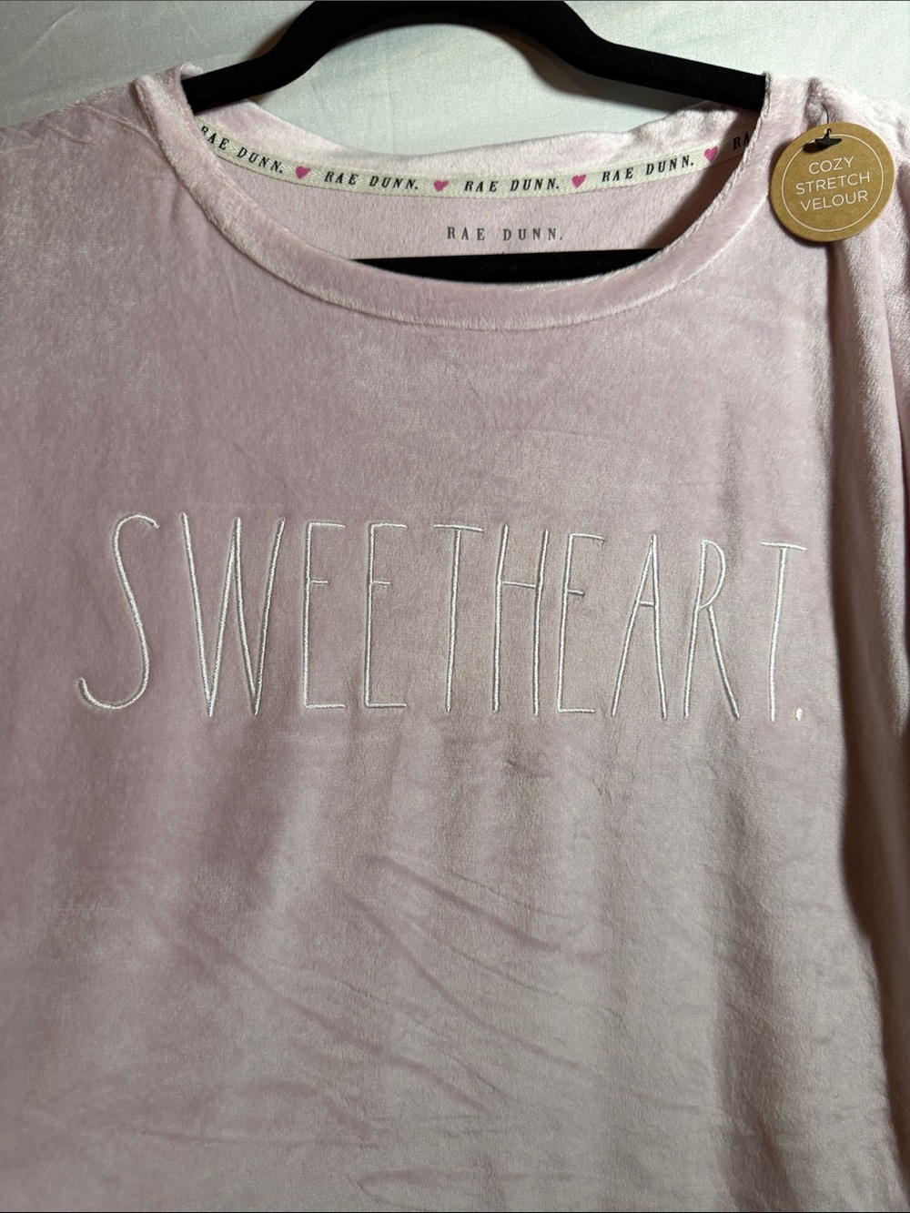 Rae Dunn SWEETHEART. Velour Cozy Stretch Top - Light Pink